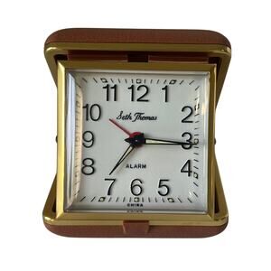 Seth Thomas Folding Travel Alarm Clock Wind Up Brass Tone Tan Case Tested Works